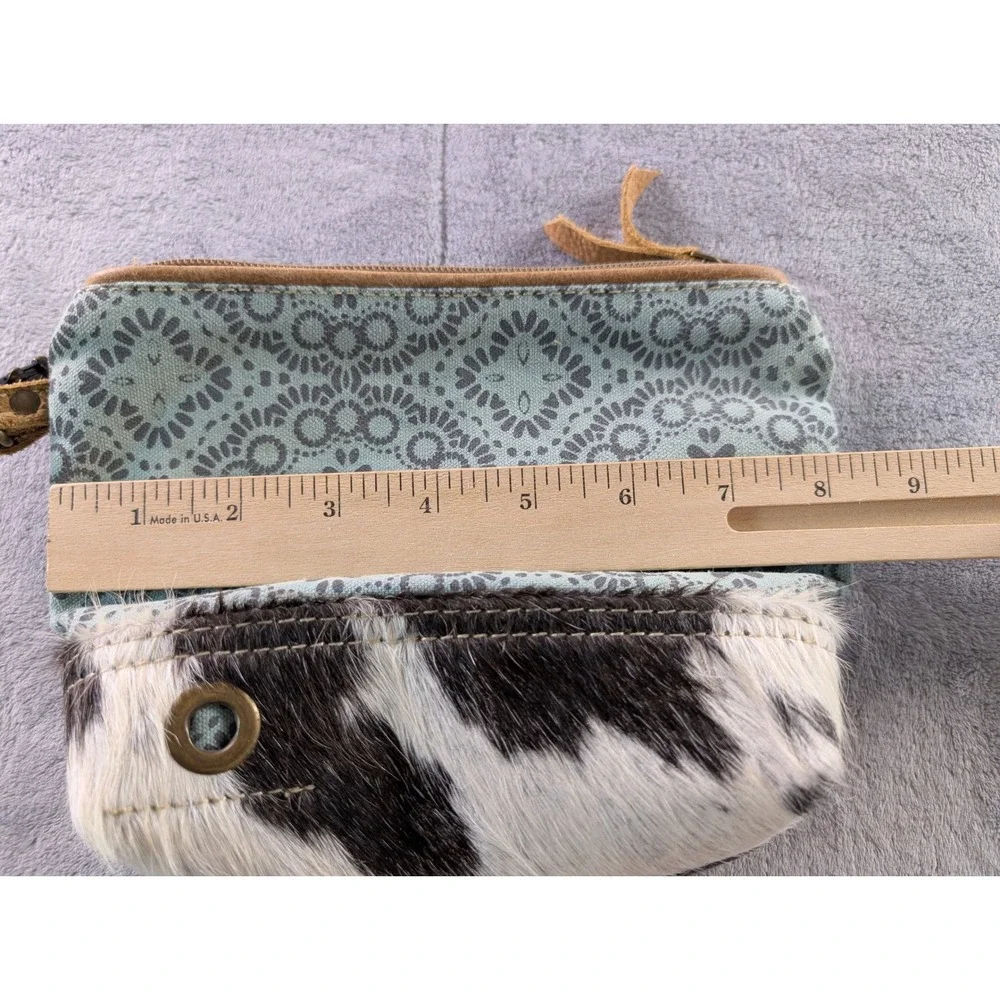 Myra Bag Canvas Cowhide Leather Wristlet Clutch Mandala Print Green Brown S-1011